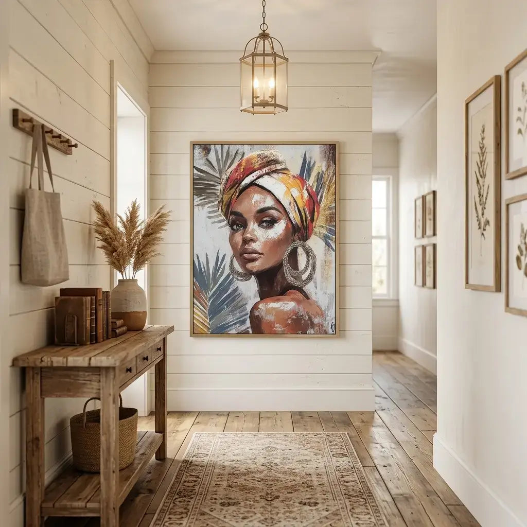 Hallway with wooden console table, decorative rug, and wall art featuring a woman with a colorful headscarf.
