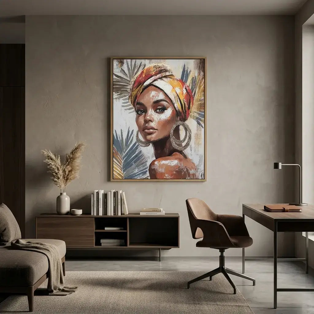 Modern interior with a painting of a woman wearing a headscarf on a wall.