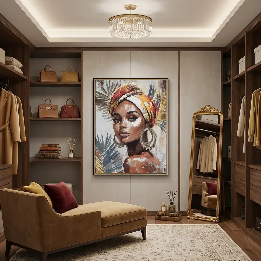 Decorative room with a painting of a woman, a mirror, and shelves with bags and books.