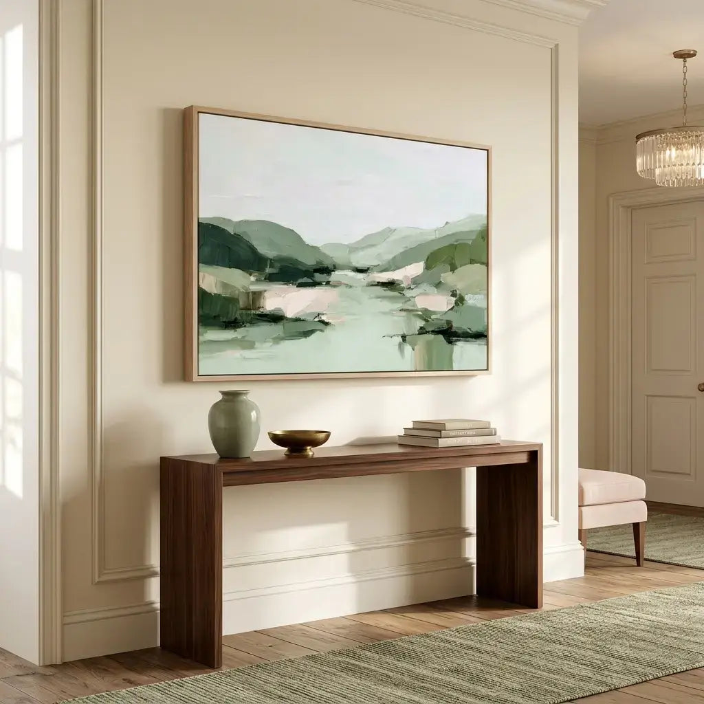 Modern interior with a wooden console table, decorative items, and a framed abstract landscape painting.