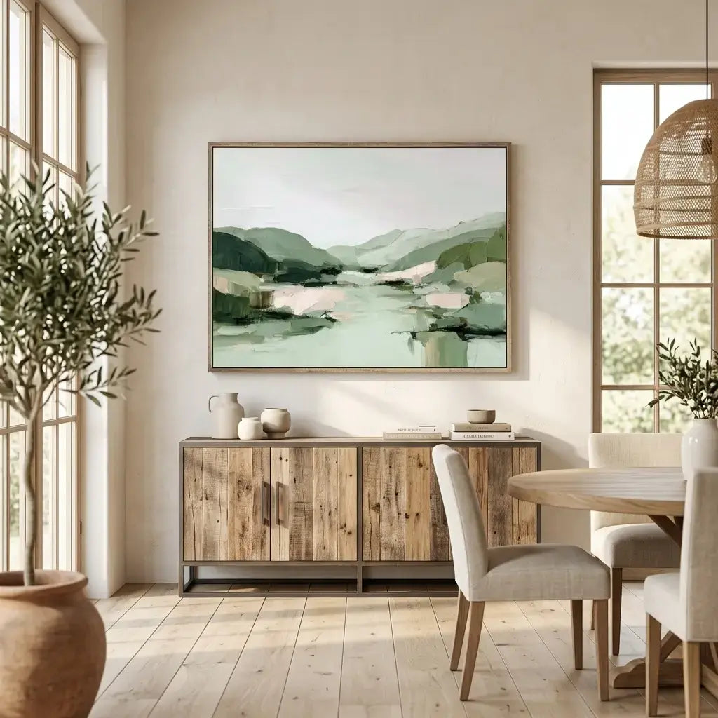Dining room with wooden sideboard, table, chairs, and framed landscape art.