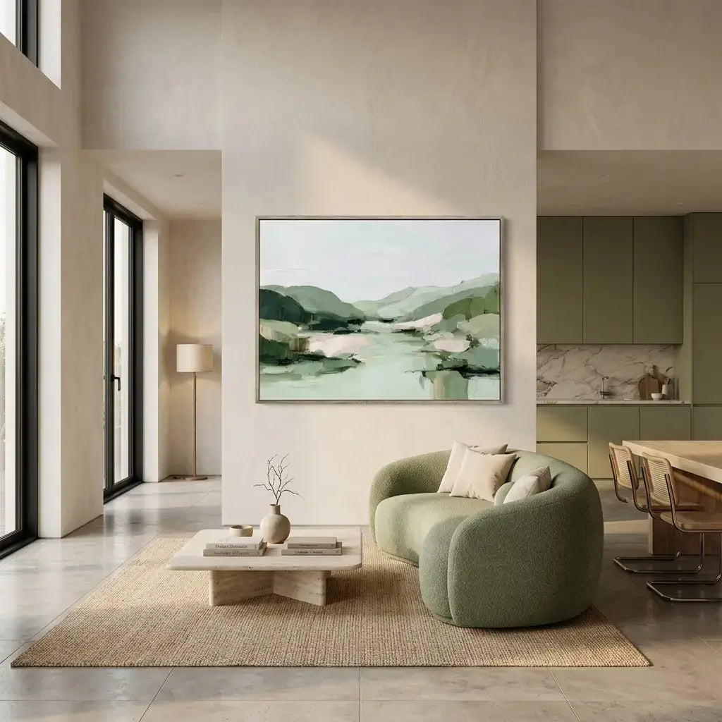 Modern living room with a green sofa, coffee table, and wall art depicting a landscape.