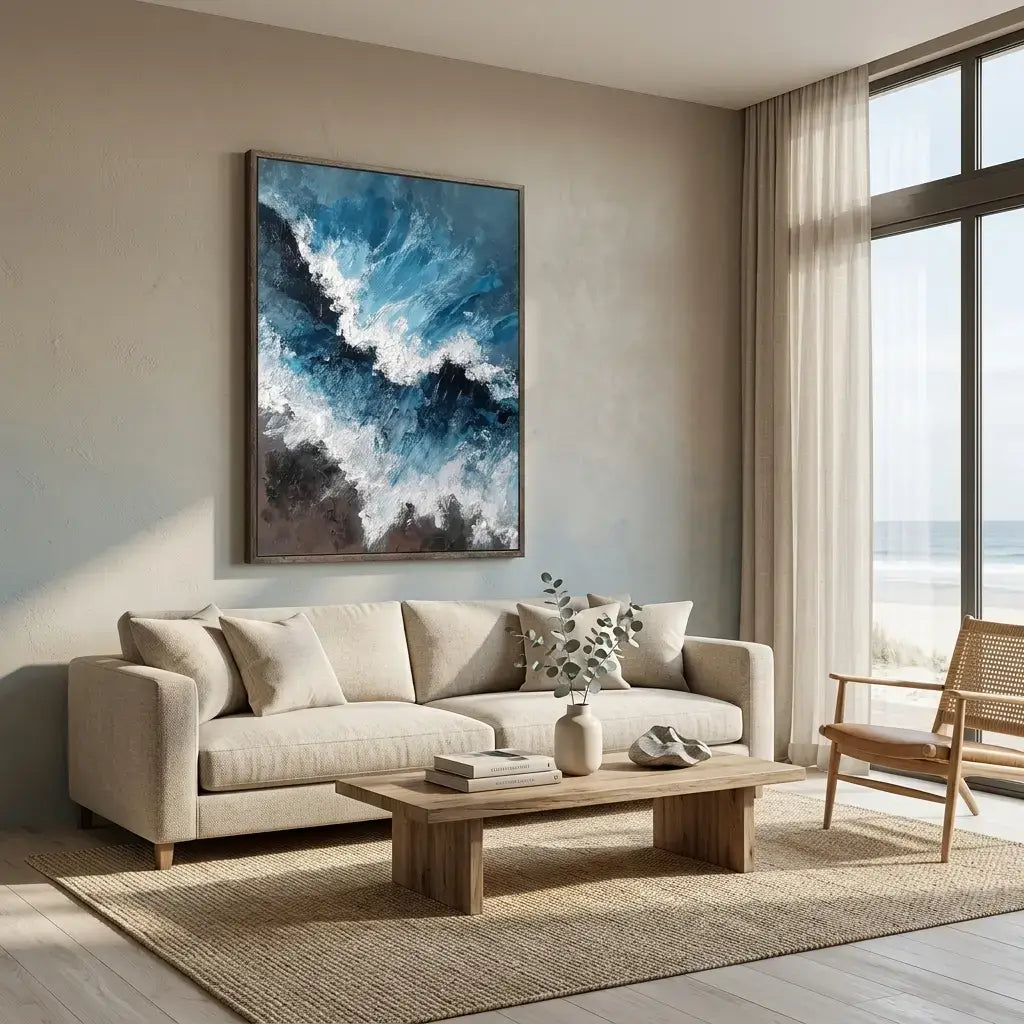 Modern living room with a beige sofa, wooden coffee table, and abstract art on the wall.