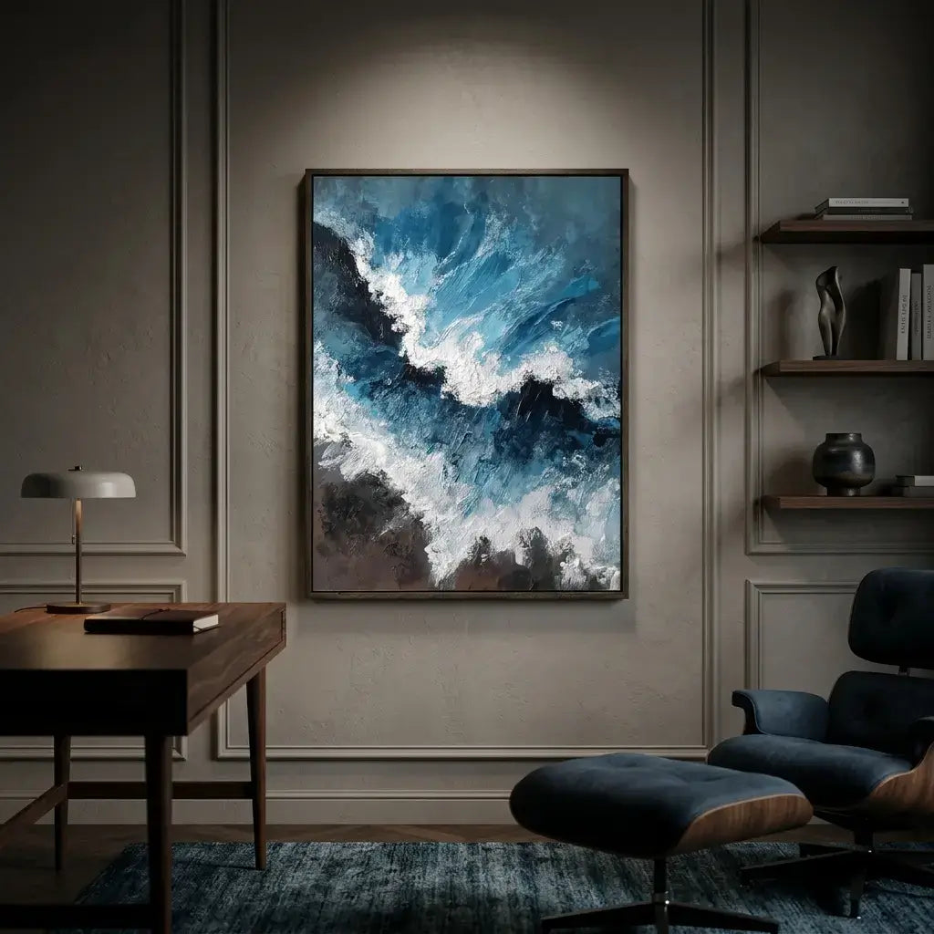 Modern interior with abstract art on the wall, desk, and chair.