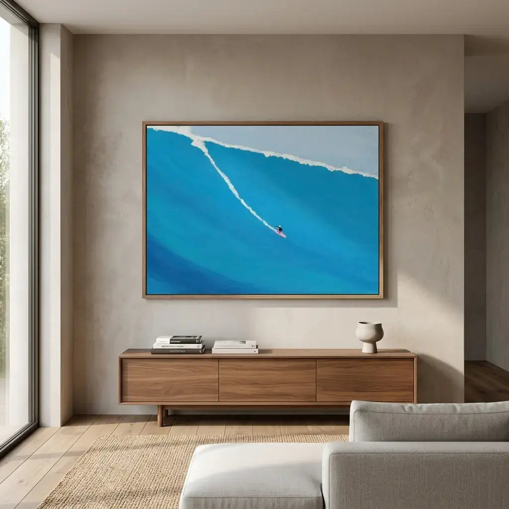 Modern living room with a large framed artwork of a blue wave on the wall.