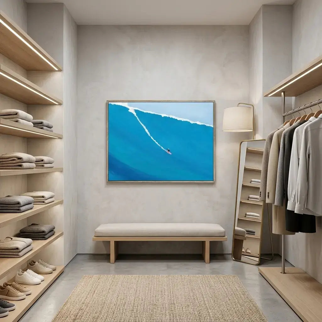 Modern walk-in closet with shelves, bench, and framed artwork on a wall.