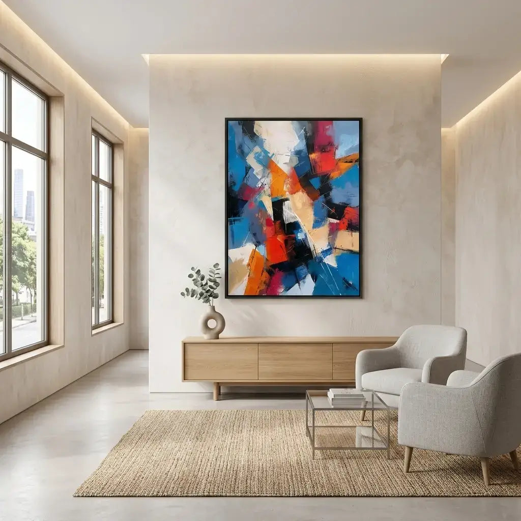 Modern living room with abstract art on the wall
