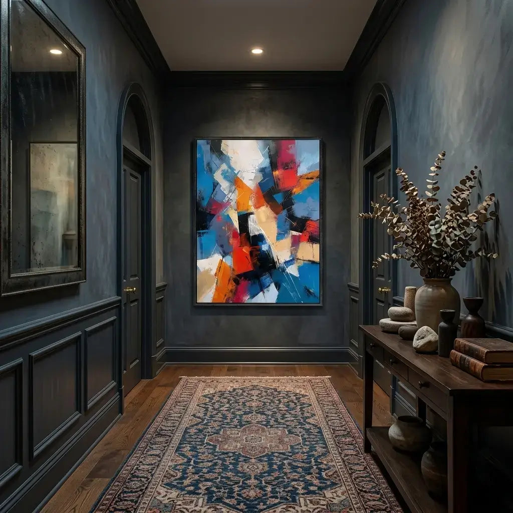 Modern hallway with abstract art, decorative rug, and wooden furniture.
