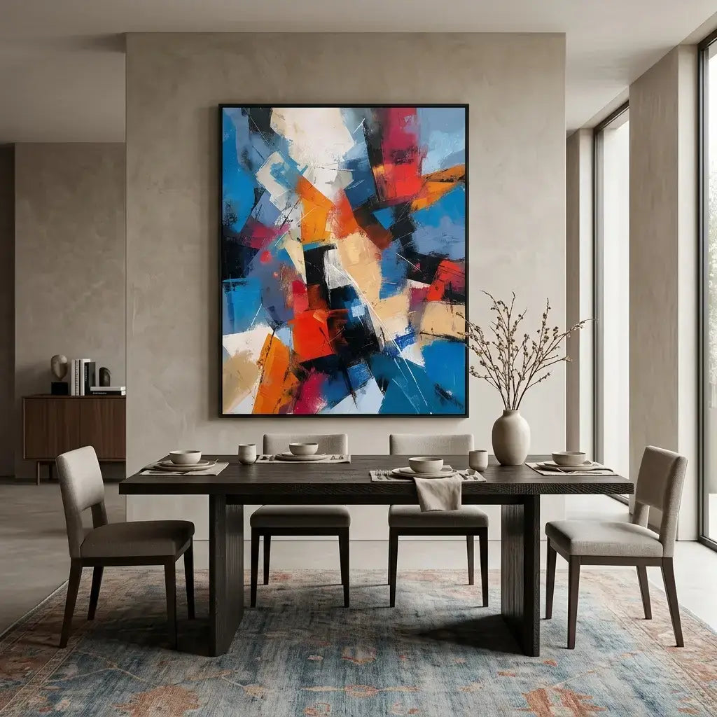 Dining room with a modern abstract painting on the wall