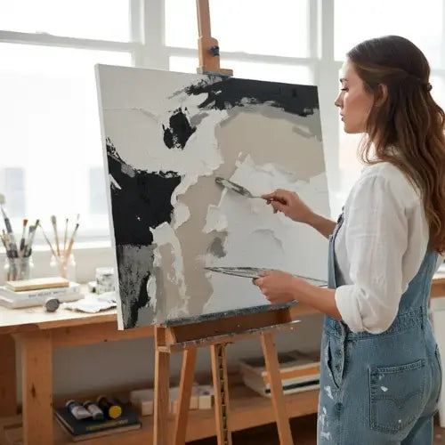 Woman painting on an easel in a bright studio
