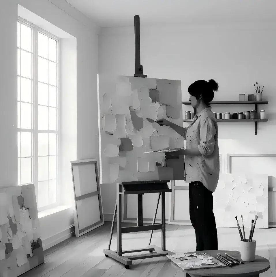 Woman painting on an easel in a bright studio