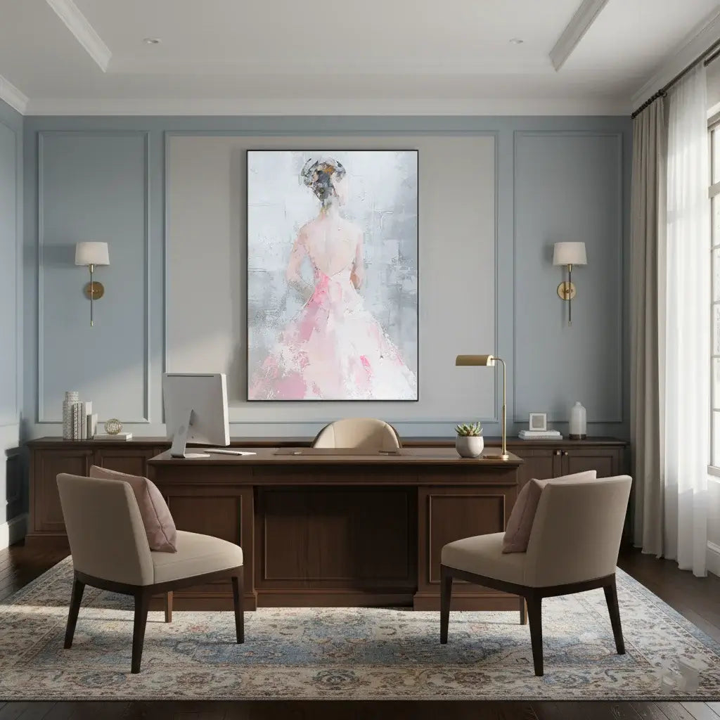 Modern home office with wooden desk, chairs, and wall art.