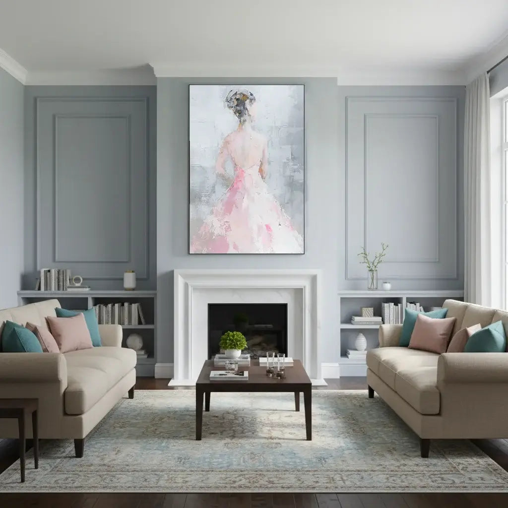 Living room with beige sofas, a coffee table, and a painting of a woman in a pink dress on the wall.