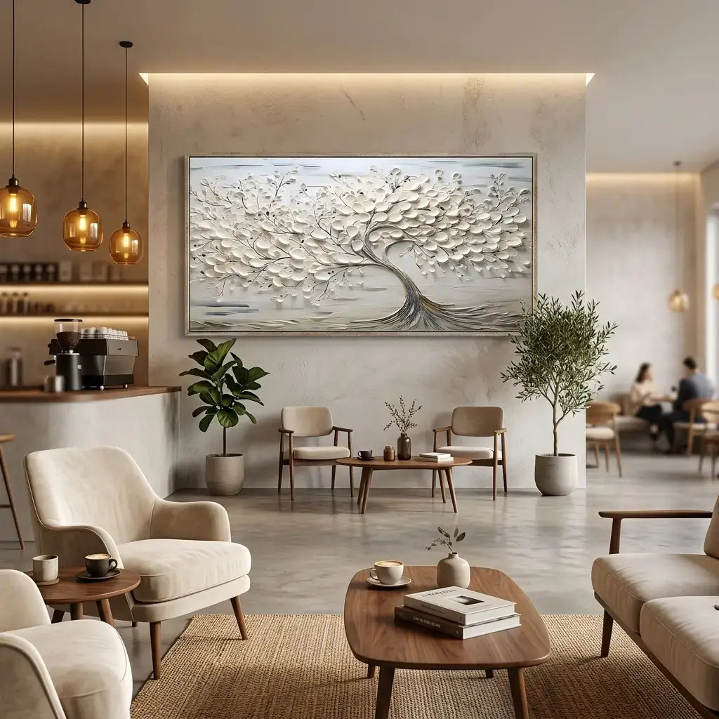 Modern living room with a large abstract painting on the wall