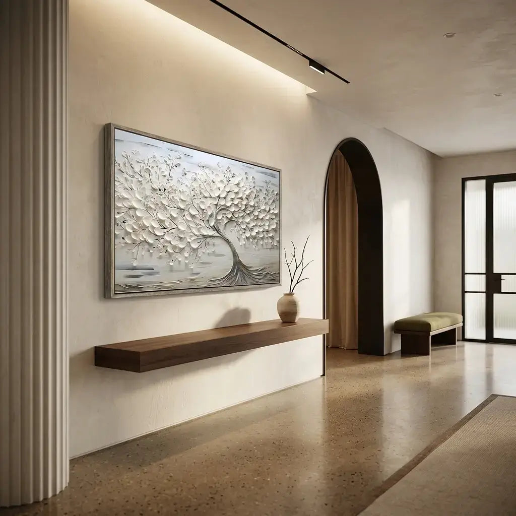 Modern interior with a large abstract painting on the wall, a wooden console table, and a bench.