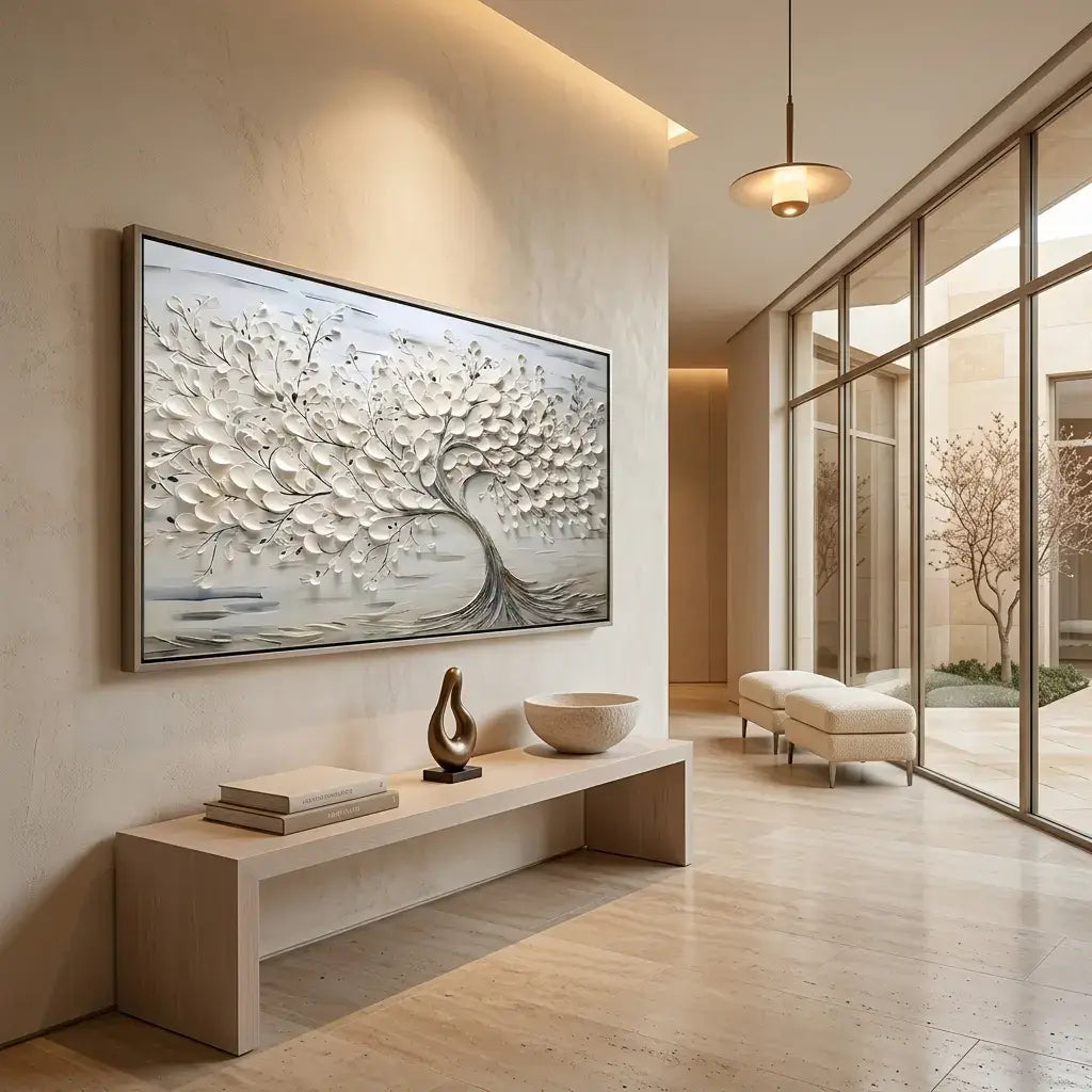 Modern interior with abstract wall art, bench, and decor items.