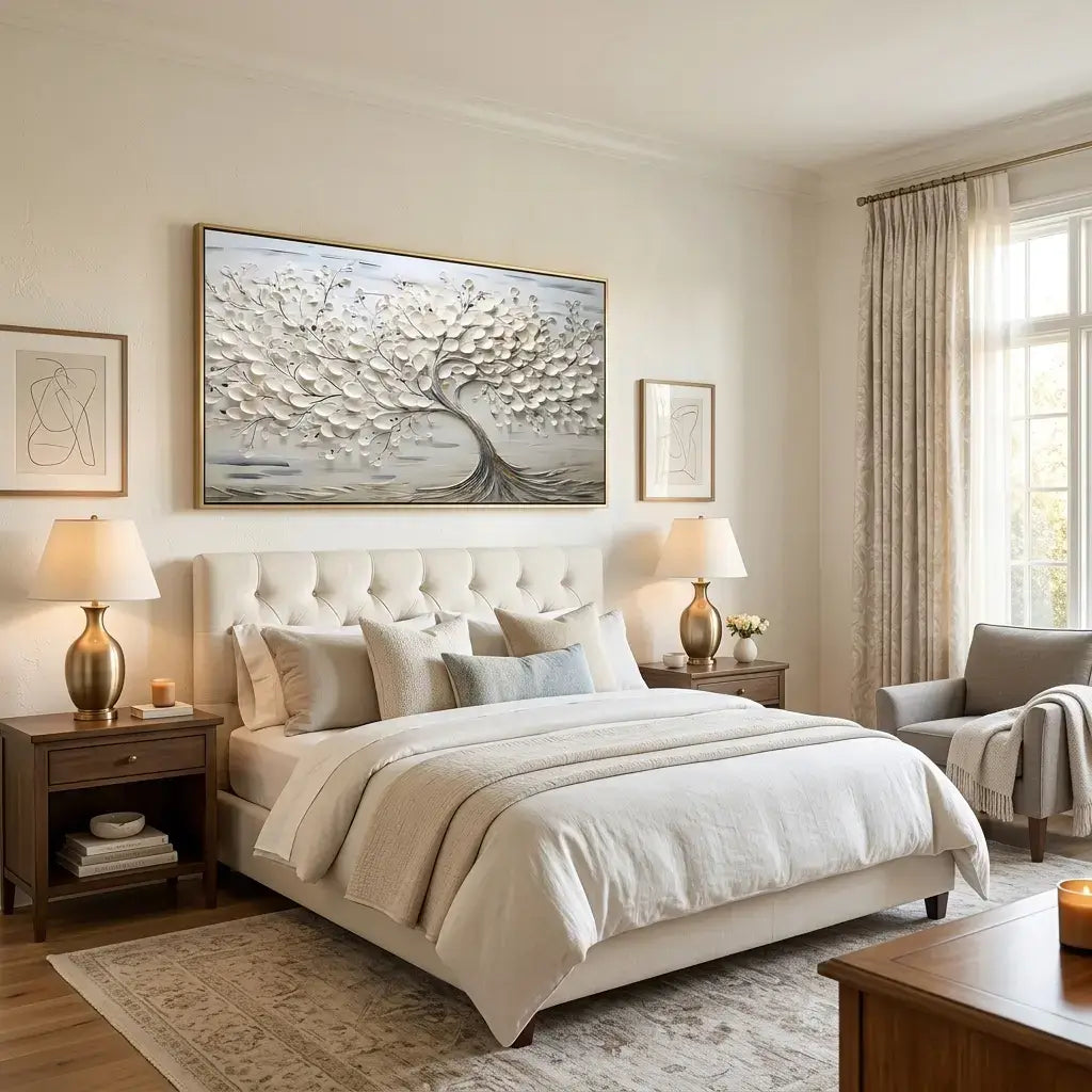 Neatly made bed in a bedroom with decorative elements and artwork on the wall.