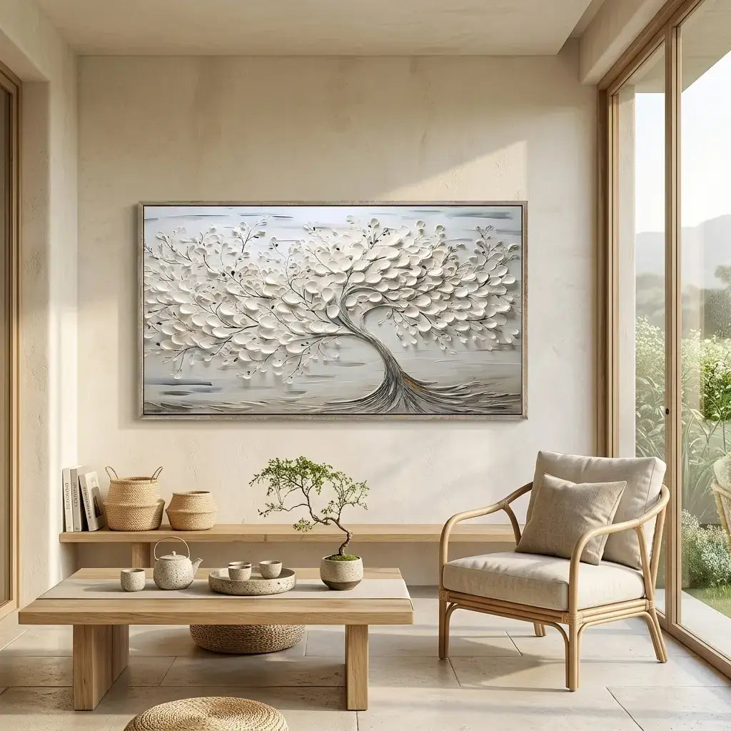 Modern living room with a tree painting, wooden furniture, and a large window.