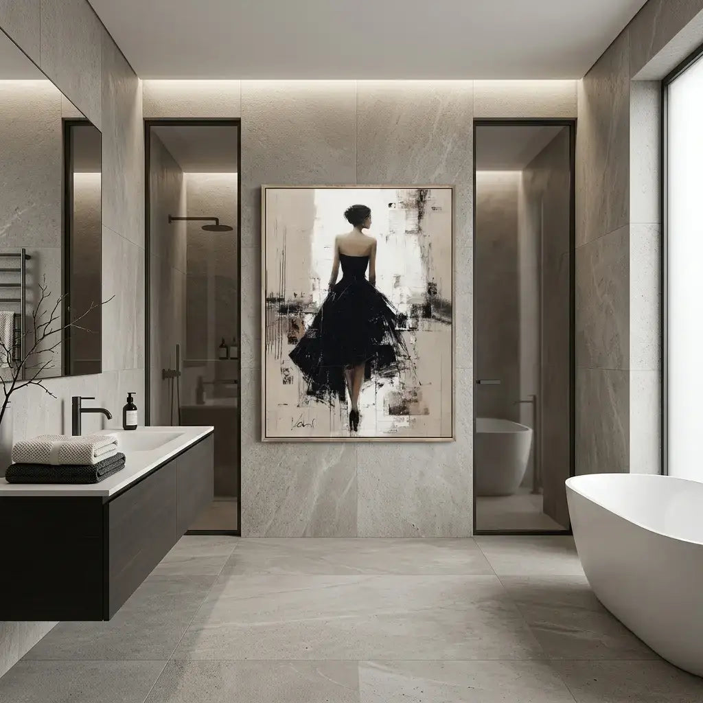 Modern bathroom with marble walls, a freestanding bathtub, and a framed artwork of a woman in a black dress.