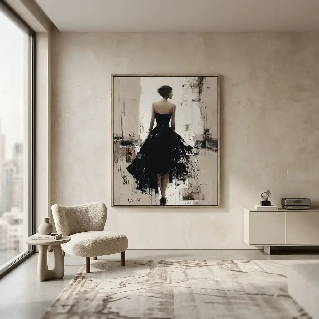 Modern interior with a large abstract painting of a woman in a black dress on a wall.