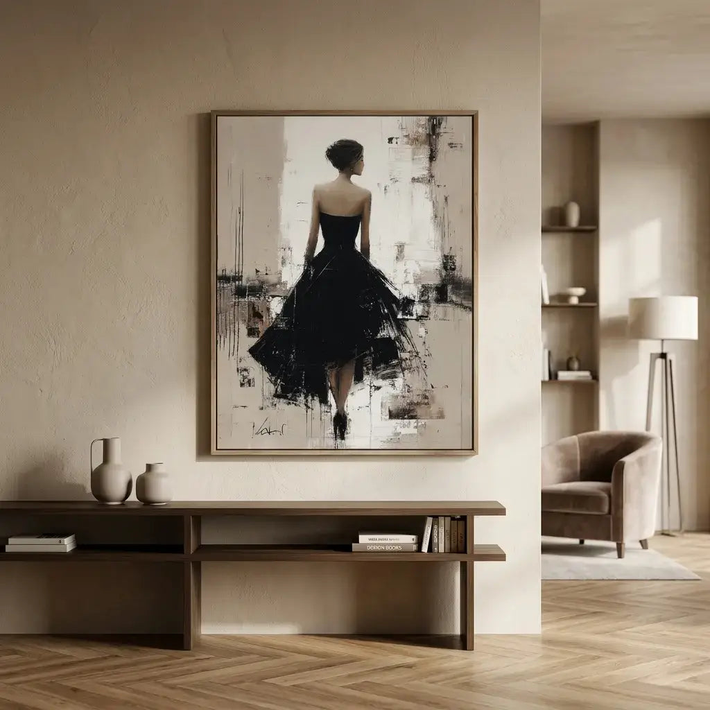 Modern living room with a large framed artwork of a woman in a black dress.