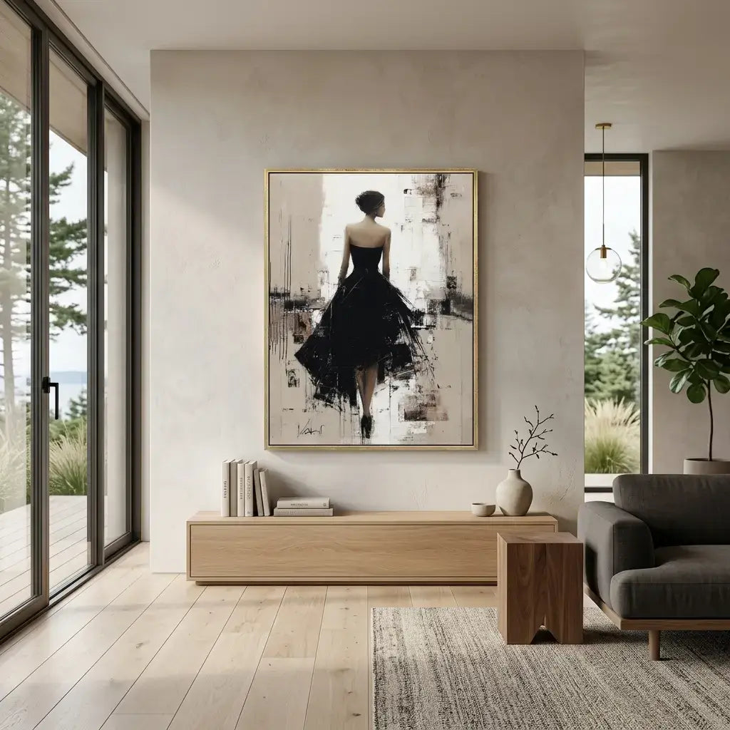 Modern interior with a woman in a black dress painting on a wall, shelves with shoes, and a bench.