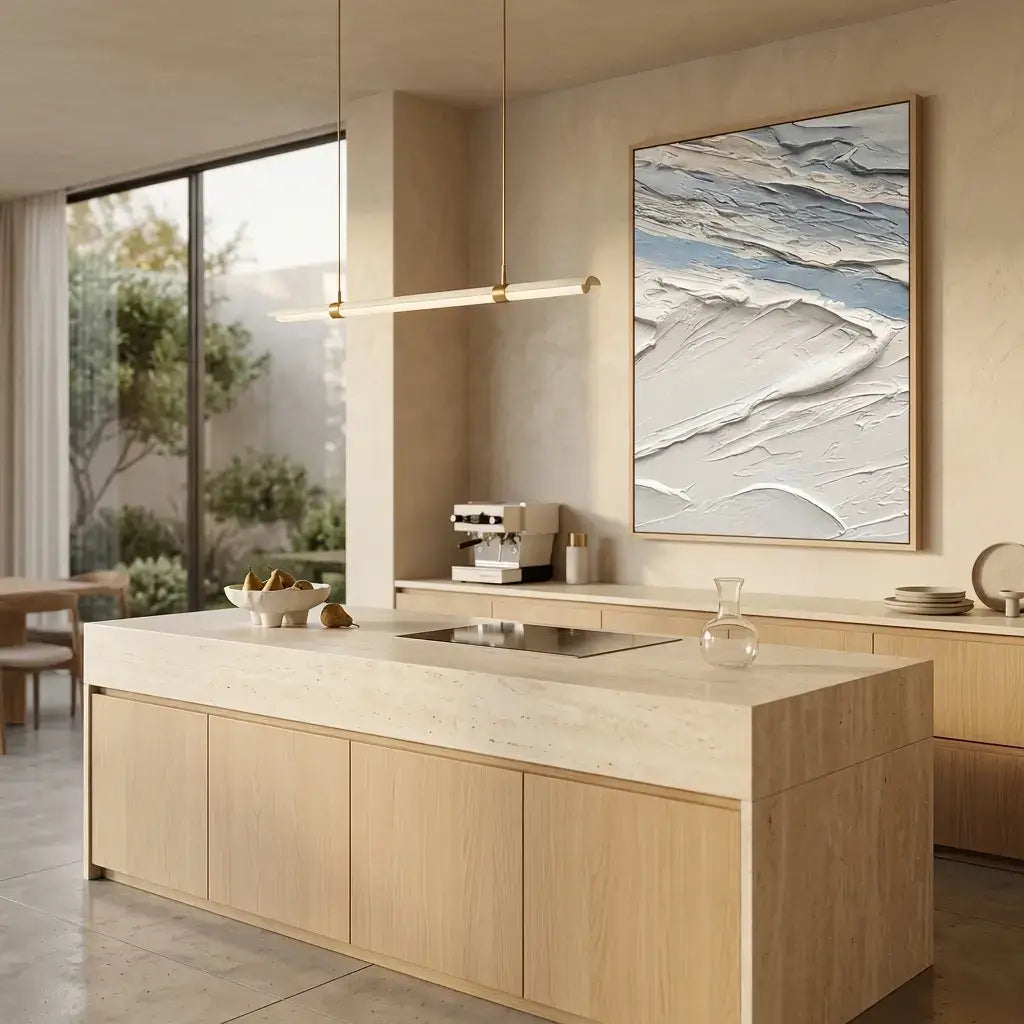 Modern kitchen with wooden island, coffee machine, and abstract art on the wall.