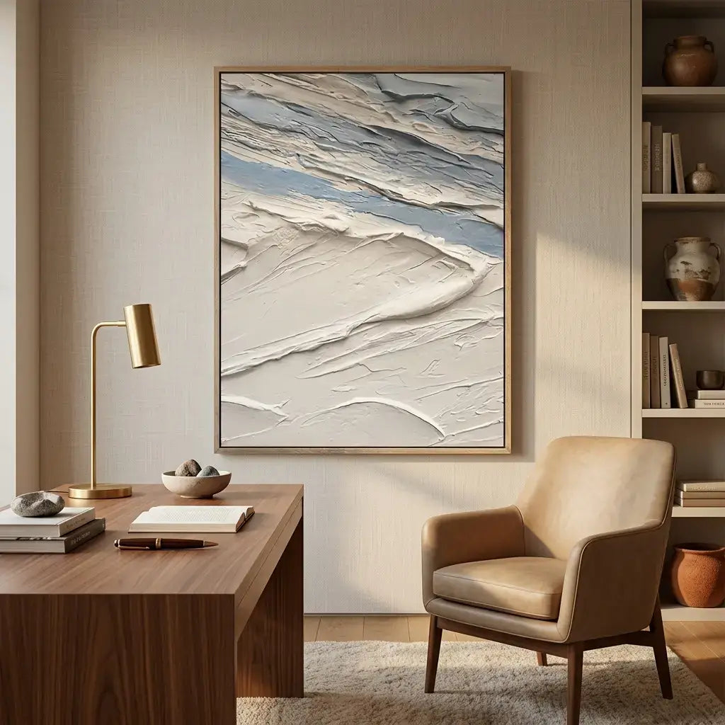 Modern home office with a desk, chair, lamp, and abstract painting on the wall.