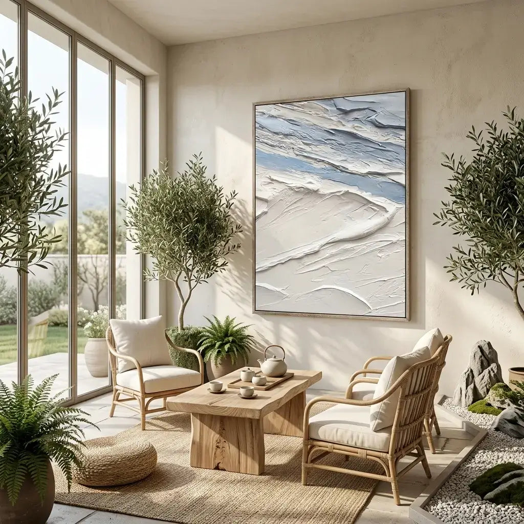 Modern living room with natural decor, including plants and a large abstract painting.