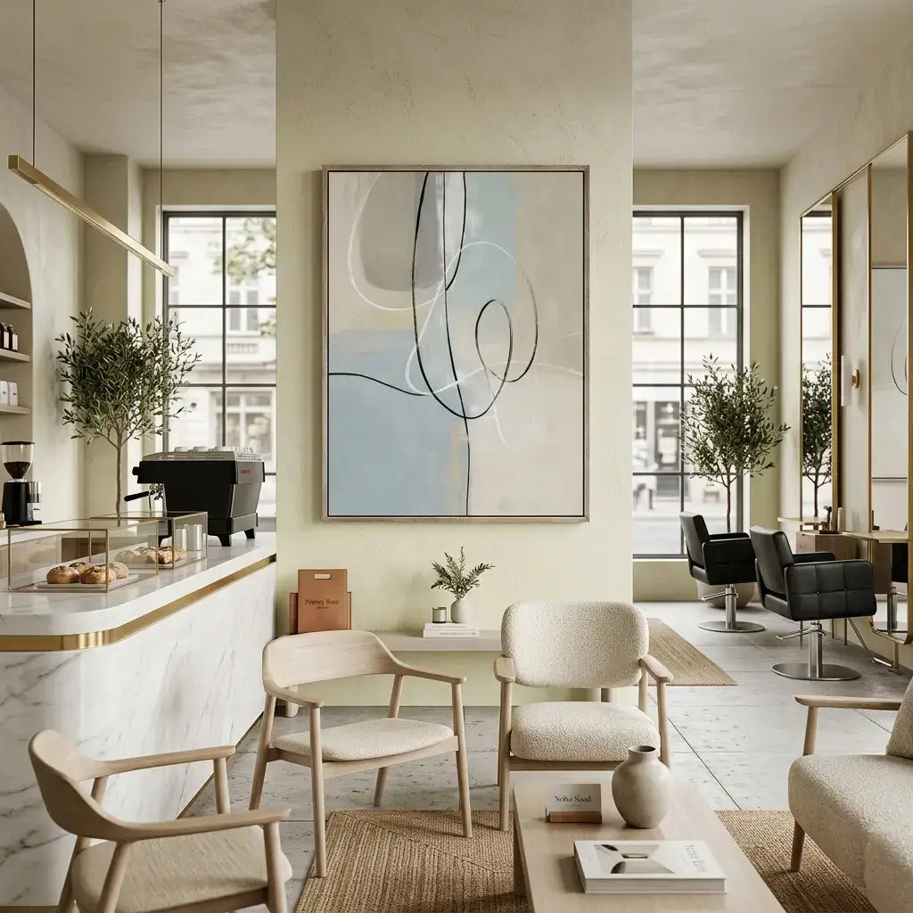 Modern interior design of a living room with abstract art, furniture, and decor.