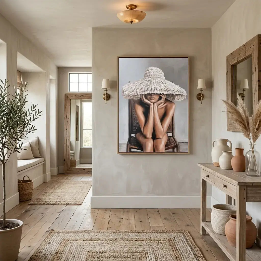 Living room with a large framed photograph on the wall, wooden floor, and decorative items.