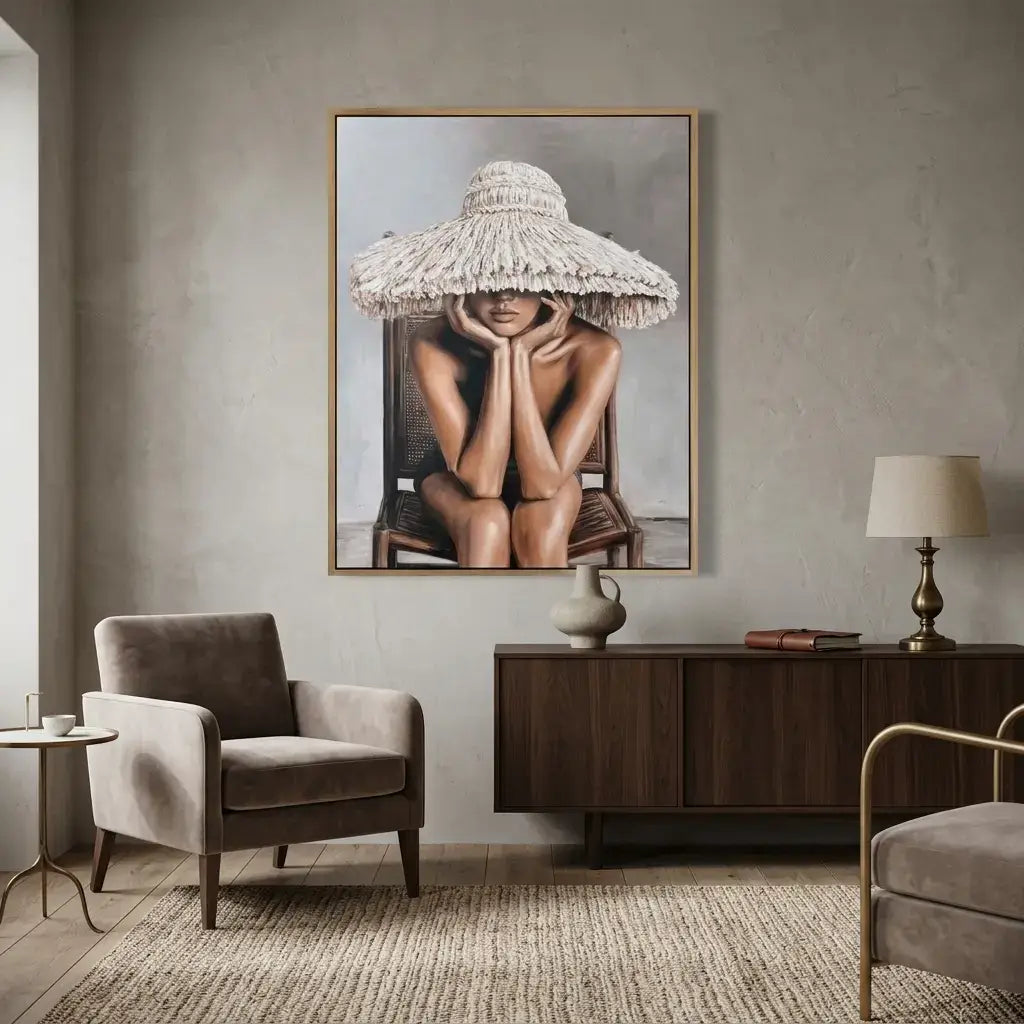 Modern living room with a framed artwork of a woman wearing a large hat on the wall.
