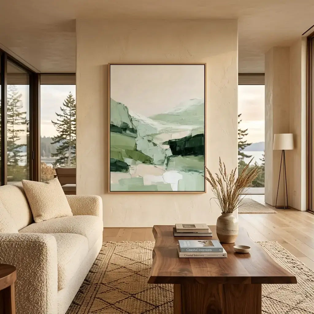Modern living room with abstract art, sofa, and coffee table.