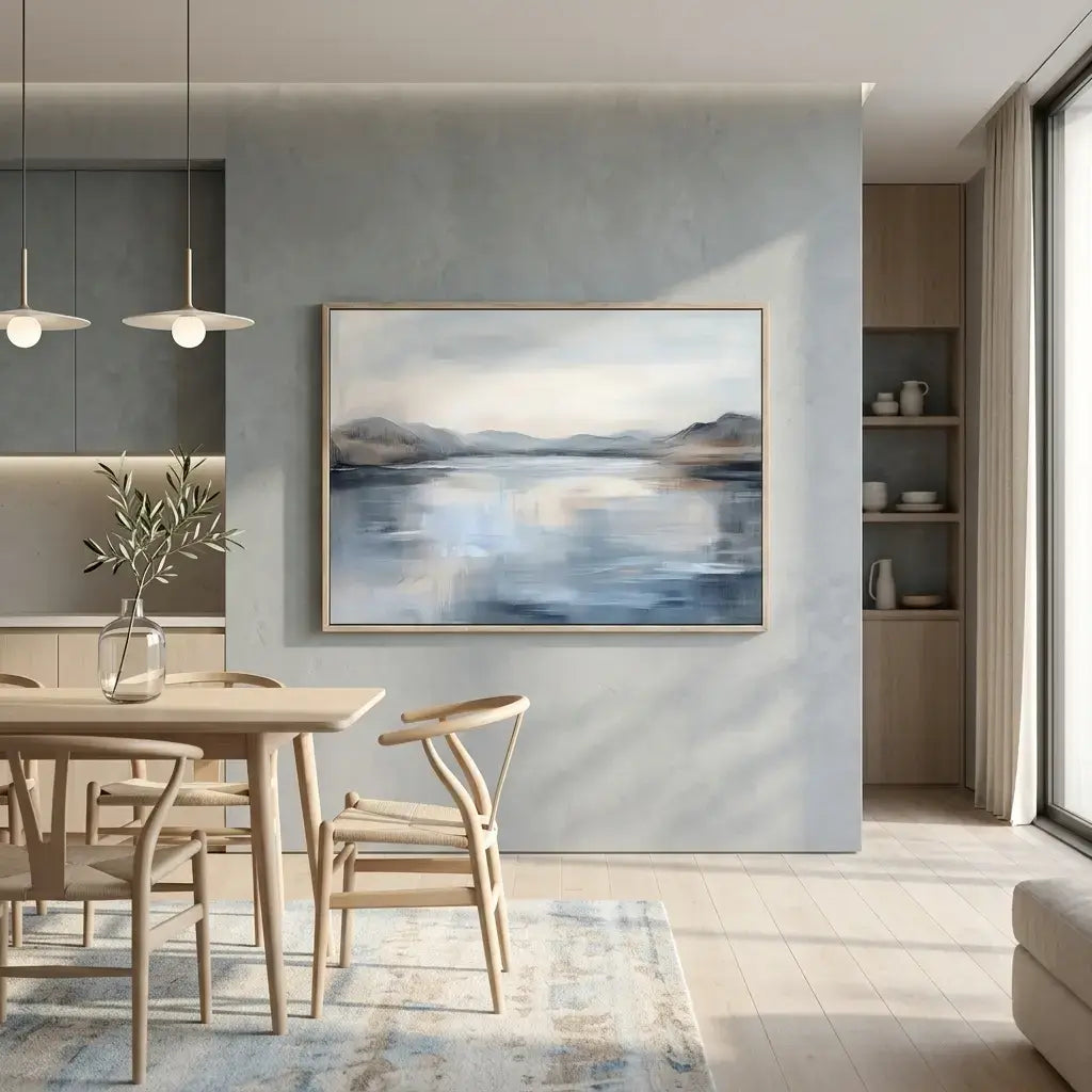Modern dining room with a large abstract painting on the wall