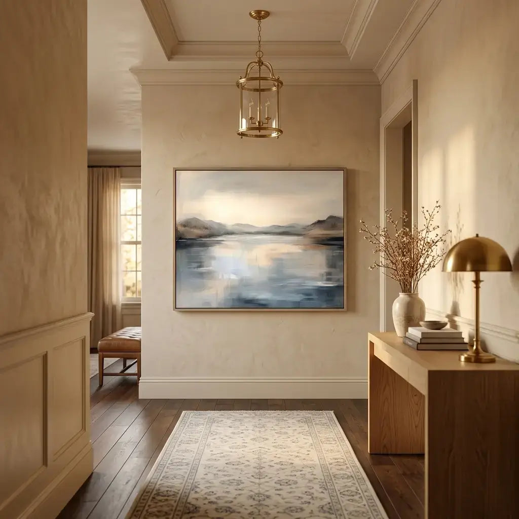 Elegant interior with a painting on the wall, a lamp, and a vase.