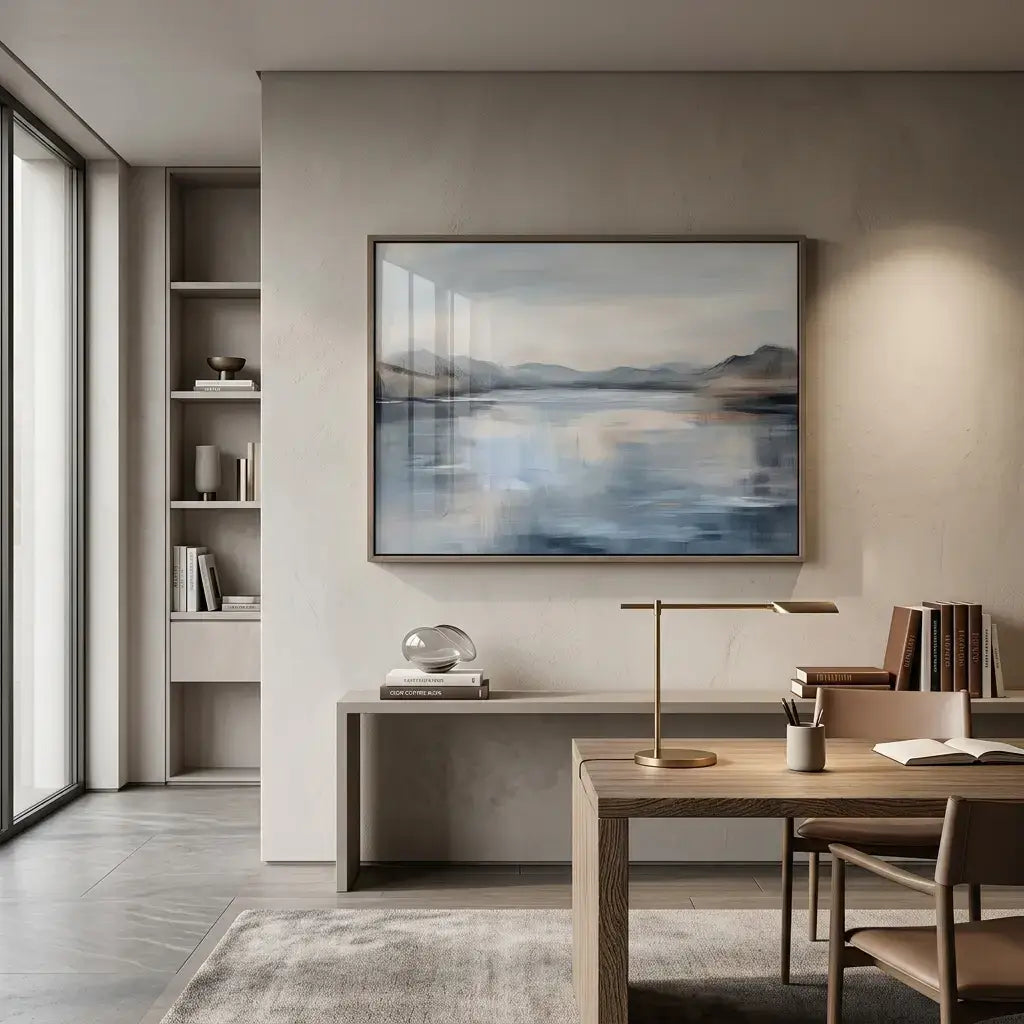 Modern office interior with a desk, chair, and wall art.