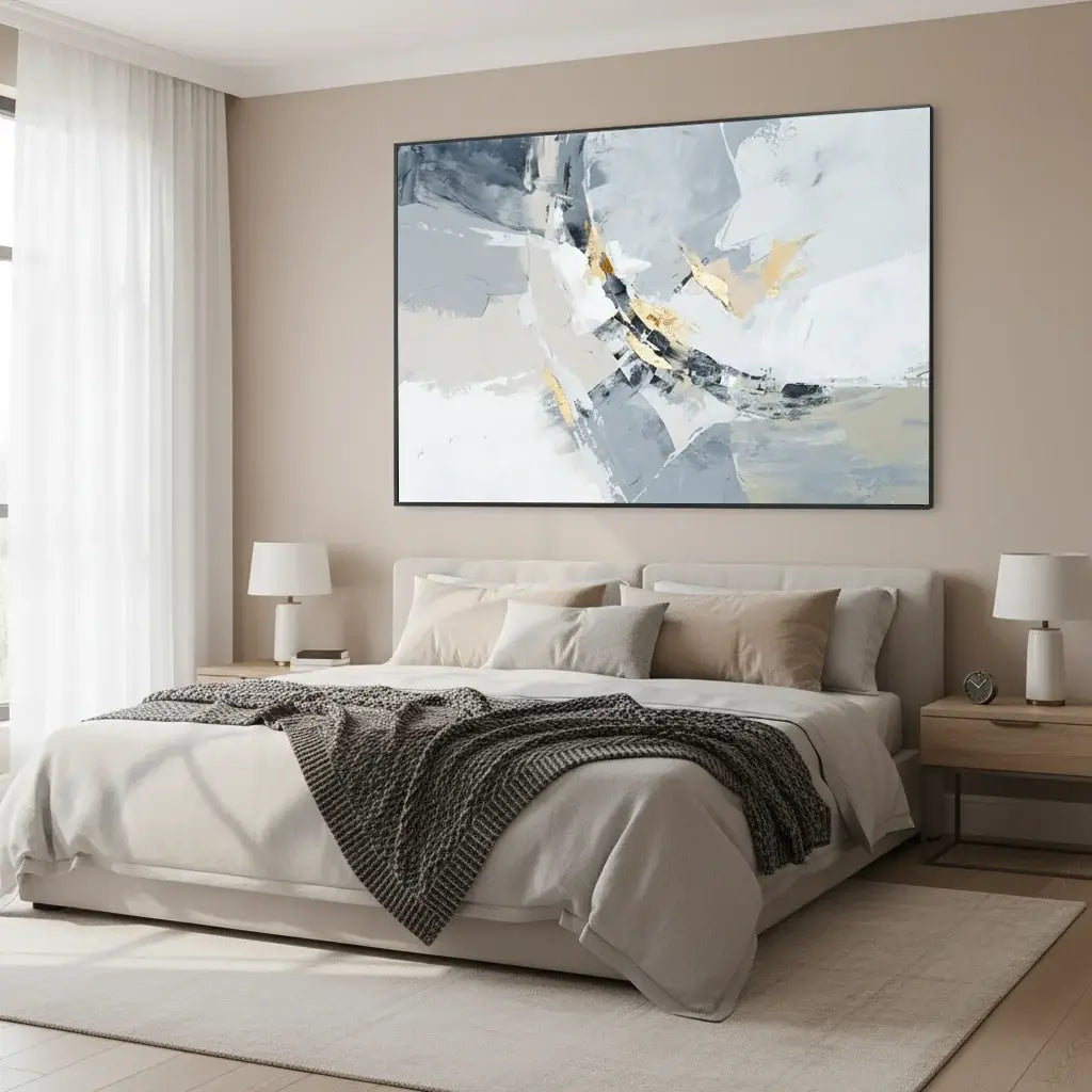 Modern bedroom with abstract art on the wall