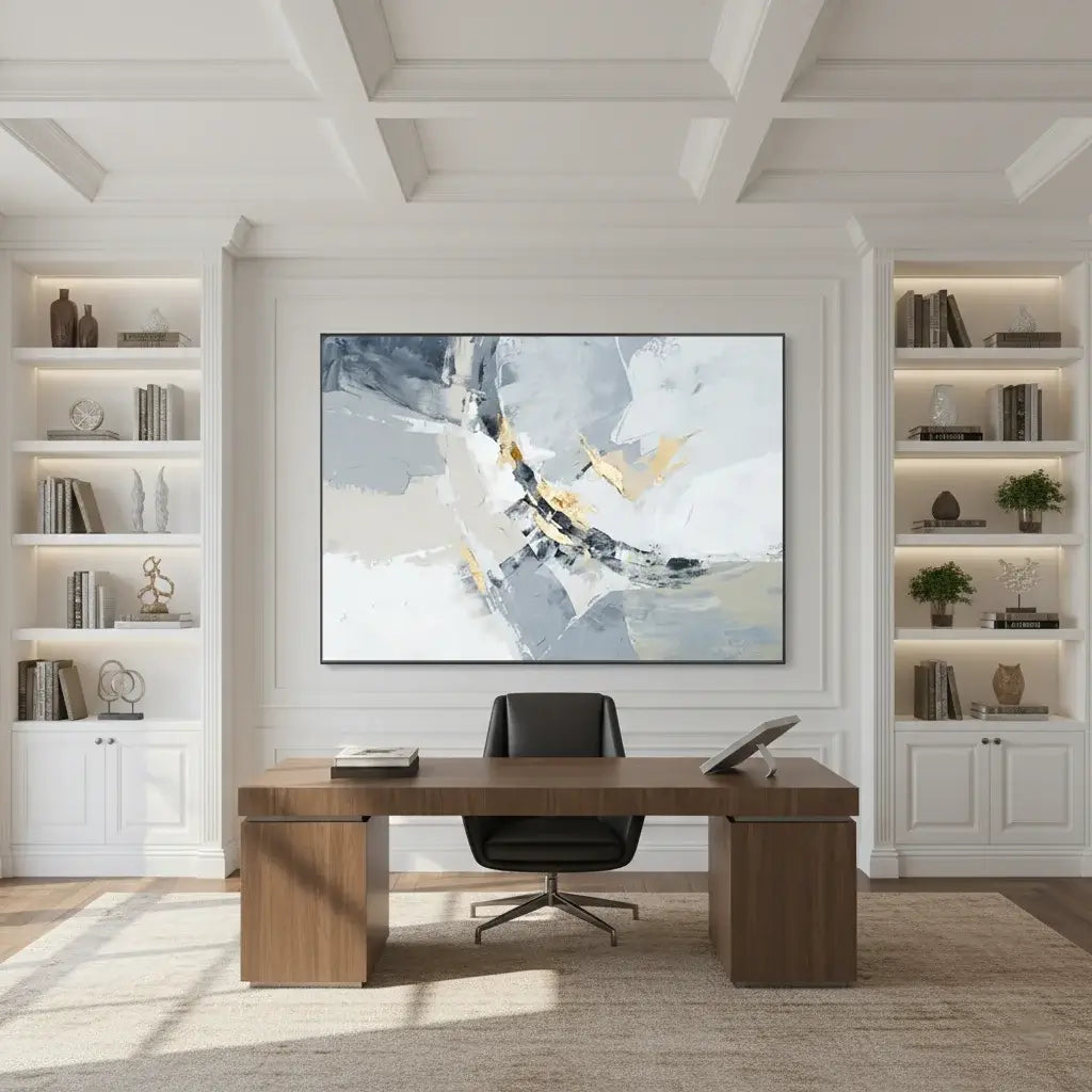 Modern office setup with a wooden desk, chair, and abstract art on the wall.