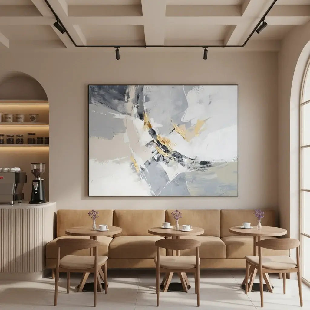 Modern interior with a beige sofa, small round tables, and abstract art on the wall.