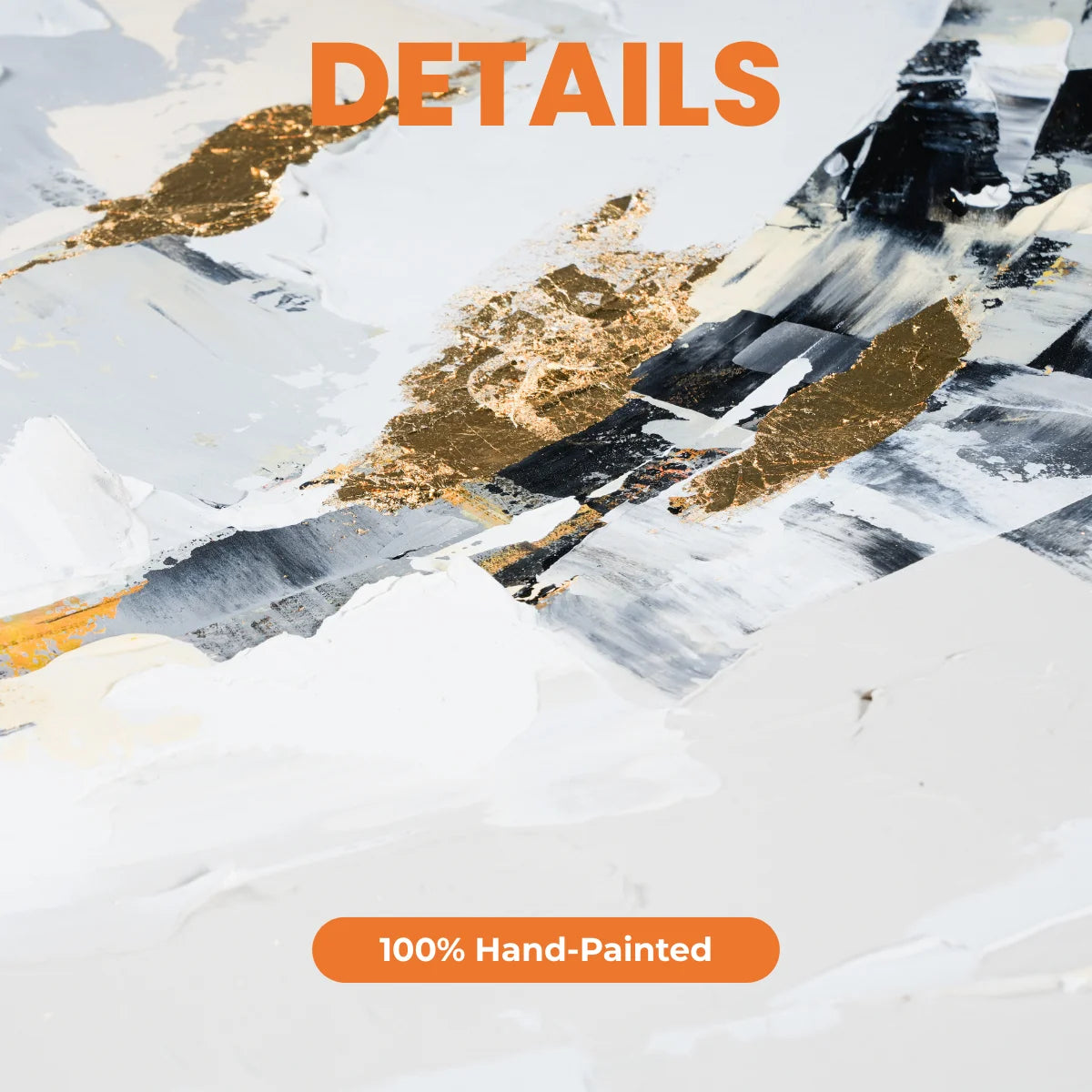 Abstract art with '100% Hand-Painted' label on a textured background