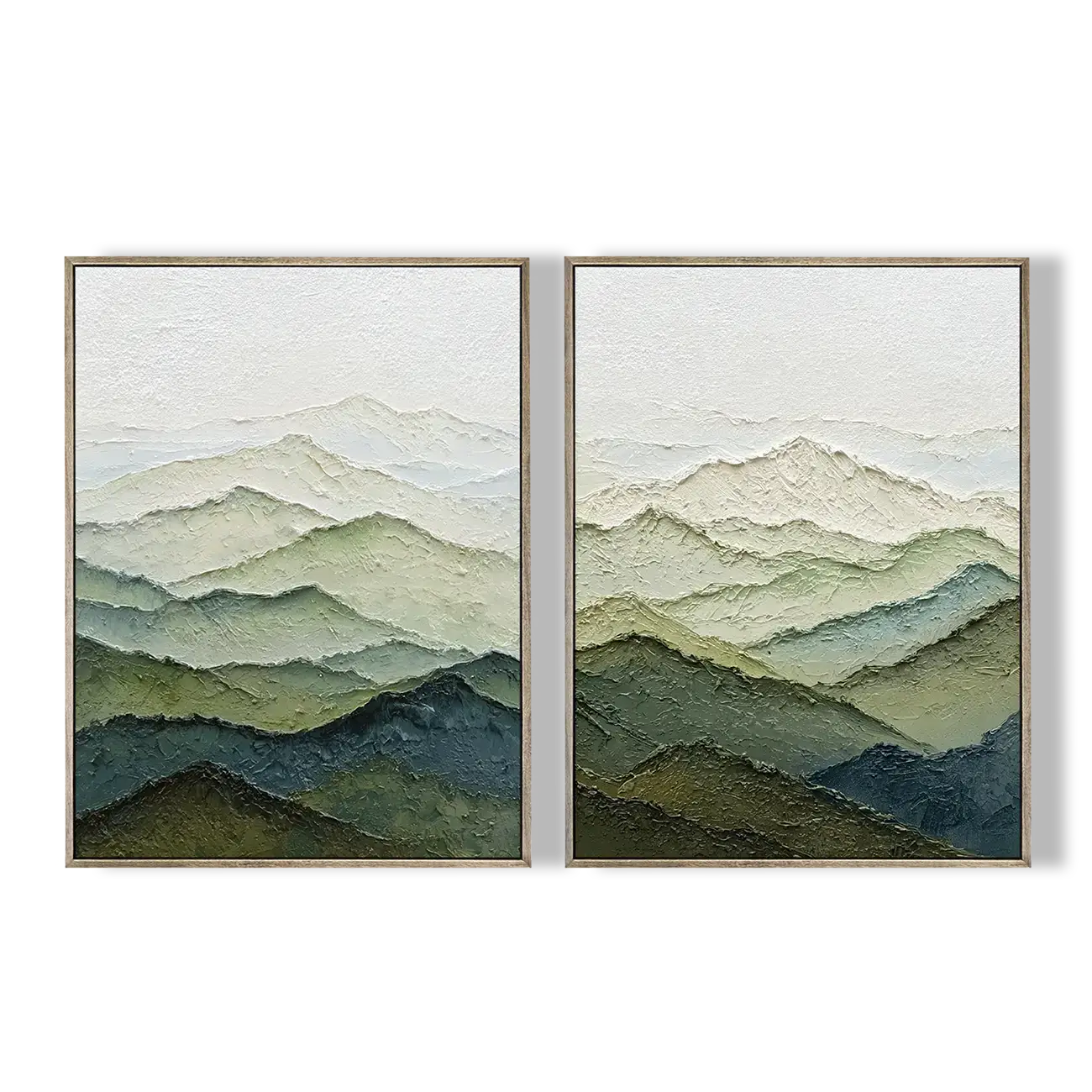 Two framed landscape paintings of mountain ranges on a white background