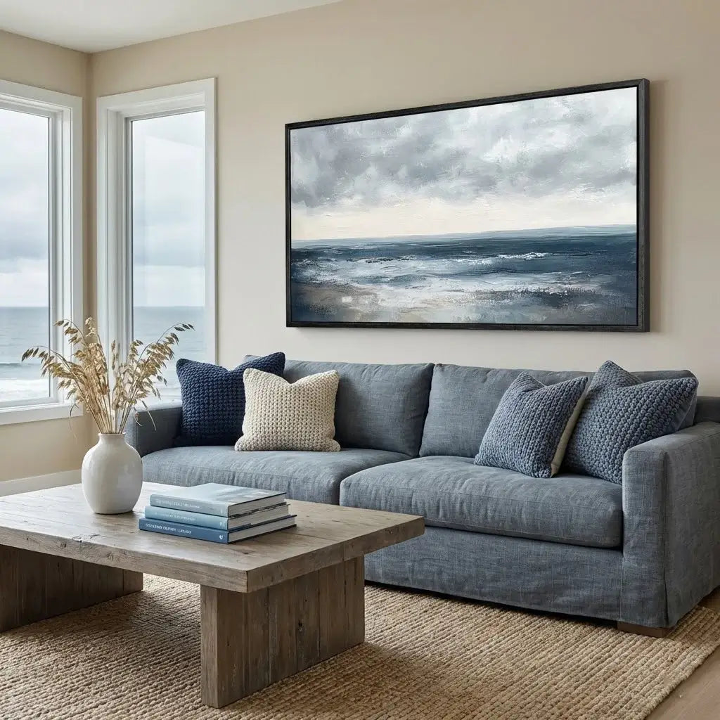 Living room with a gray sofa, wooden coffee table, and large ocean painting on the wall.
