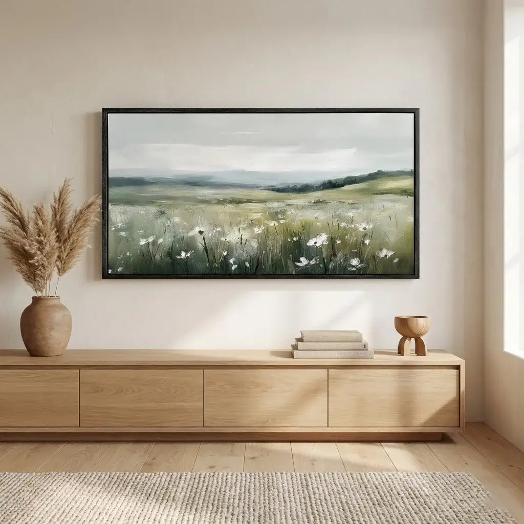Framed landscape painting on a wall above a wooden cabinet with decorative items.