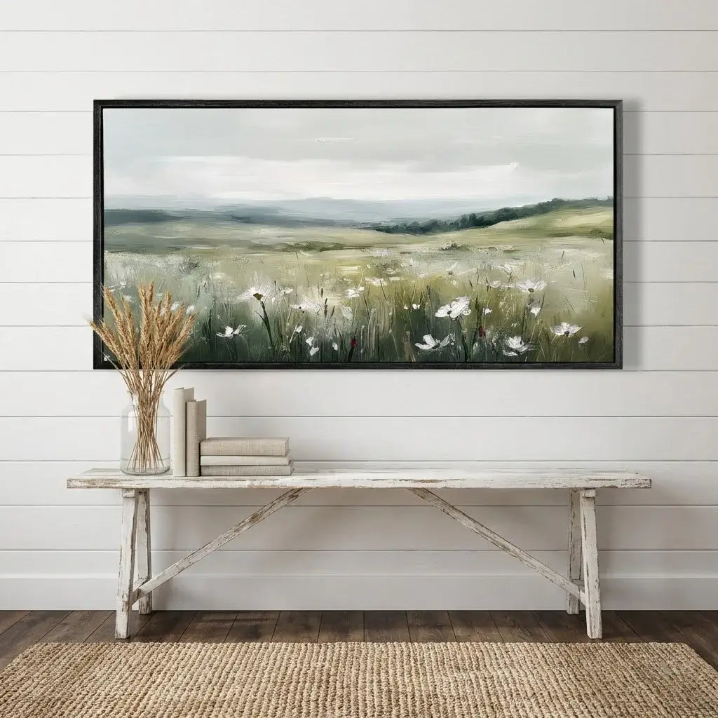 Framed landscape painting of a field with flowers on a white wall above a wooden bench.