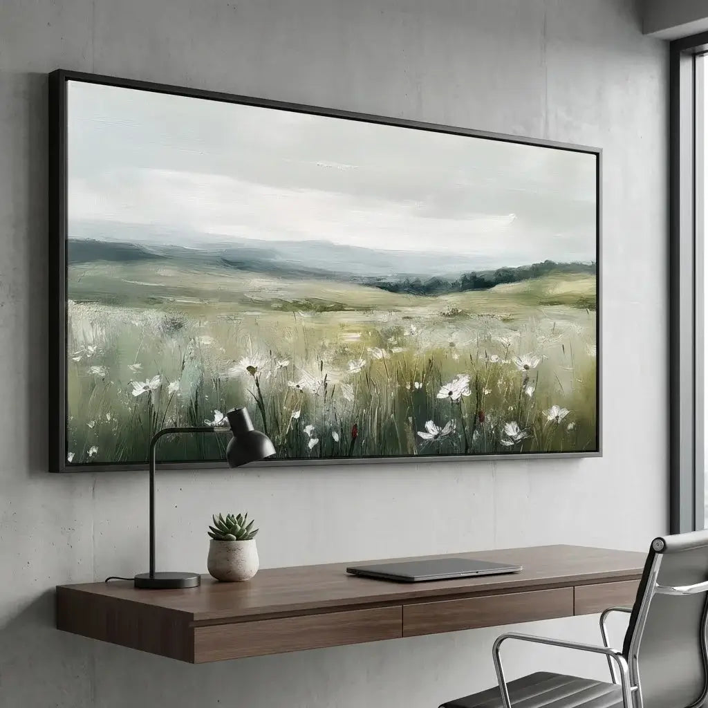 Modern office setup with a large framed landscape on the wall, desk, and chair.