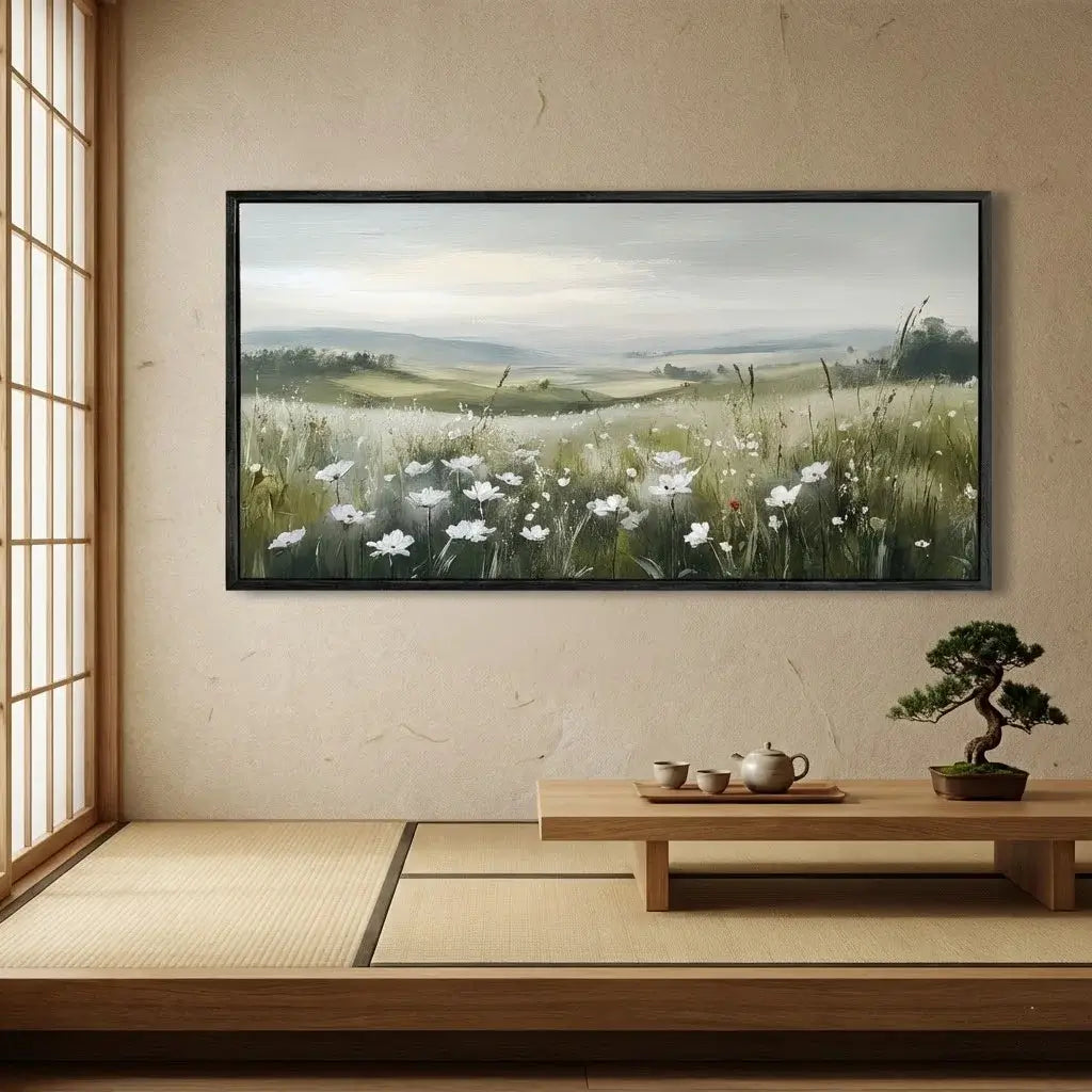 Framed landscape painting of a field with flowers on a wall in a room with wooden floor and sliding doors.
