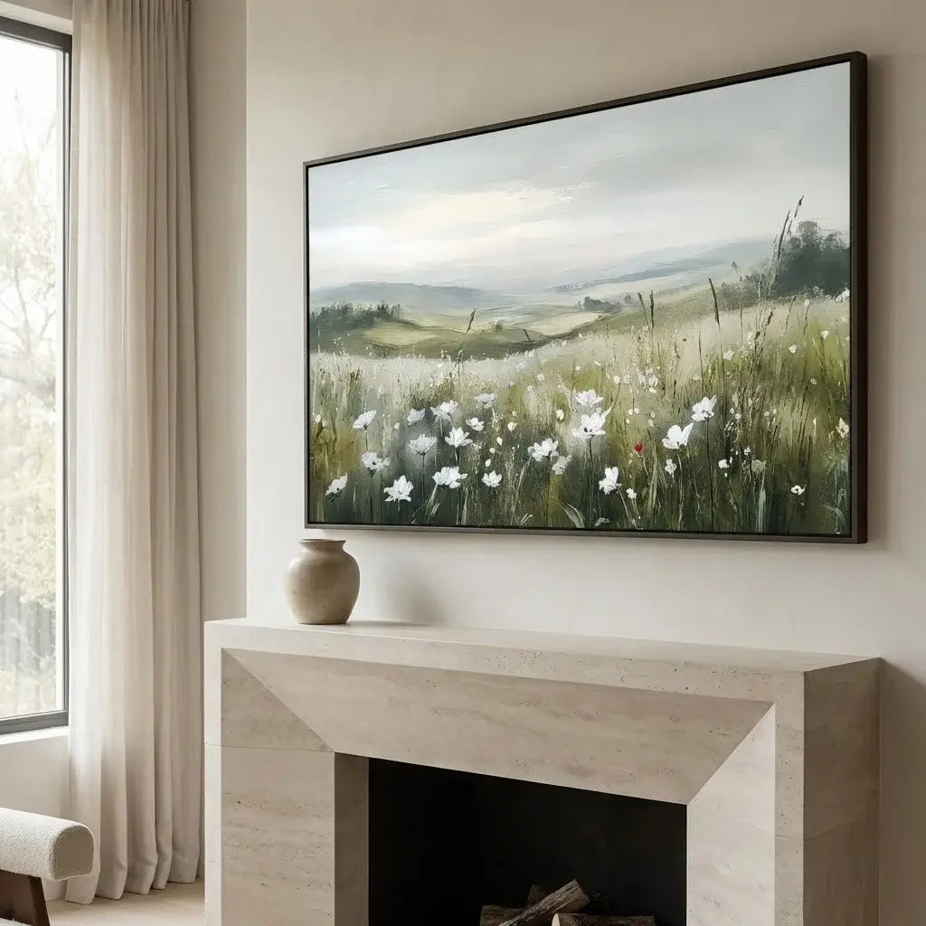 Landscape wall art above a fireplace with a scenic landscape display