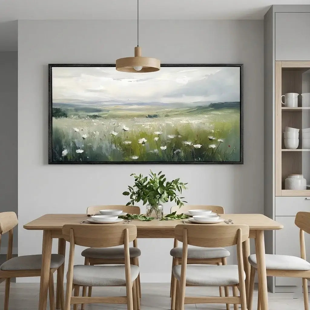 Dining room with wooden table and chairs, framed landscape painting on the wall, and a pendant light.
