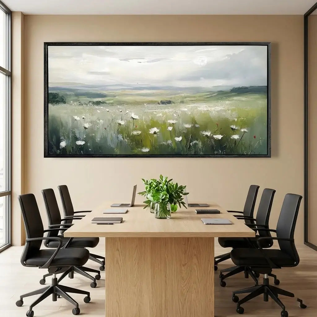 Modern conference room with a large landscape artwork, surrounded by office chairs and a table.