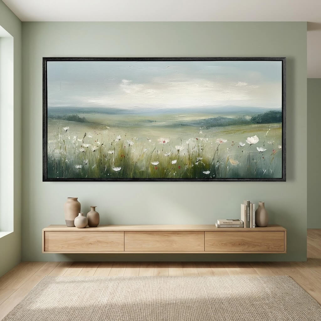 Framed landscape painting of a field with wildflowers on a wall above a wooden console table.
